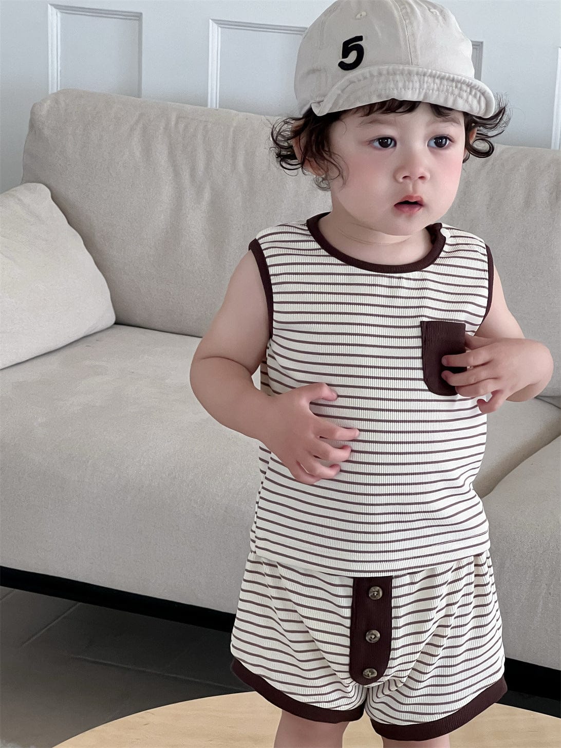 ノースリーブセットアップ Stripe / 73cm ボーダータンクトップ+ショートパンツセットアップ 2点セット【mh0009929】