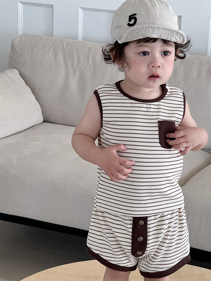 ノースリーブセットアップ Stripe / 73cm ボーダータンクトップ+ショートパンツセットアップ 2点セット【mh0009929】