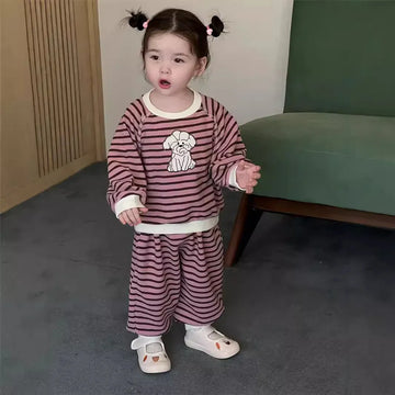 長袖セットアップ Stripe / 9M  73CM ベビーセットアップ 2点セット 犬ドッグアップリケボーダー長袖スウェットシャツ+ロングスウェットパンツ【mh0008122】
