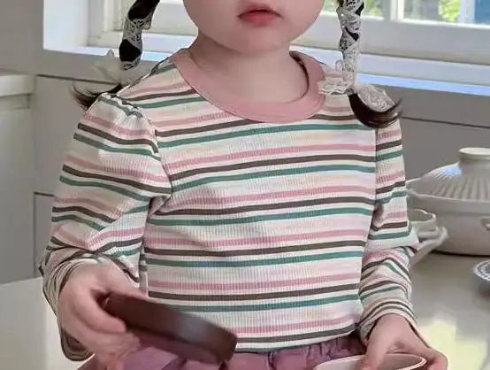 長袖セットアップ striped t shirts / 9M  73CM ベビートップス/スカート レトロボーダー長袖Tシャツ/フリルミニスカート【mh0007213】