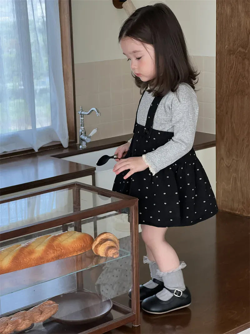 長袖セットアップ キッズトップス/スカート レース縁取り長袖カットソーTシャツ/サスペンダースカート【mh0007199】