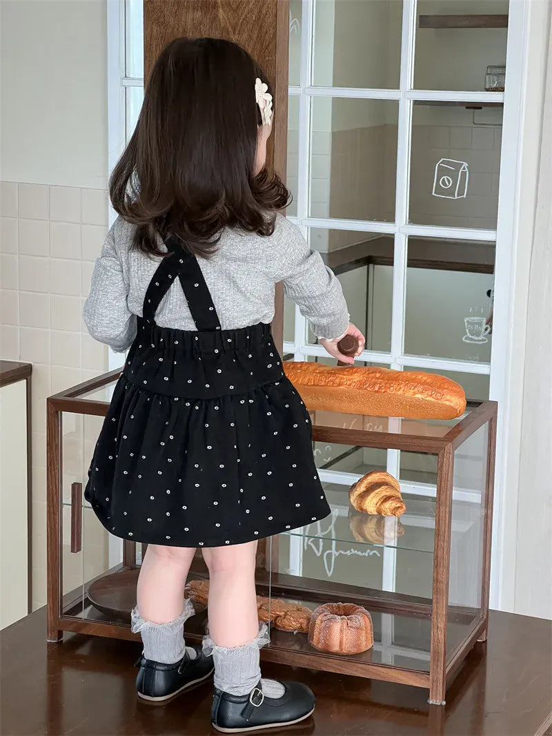 長袖セットアップ キッズトップス/スカート レース縁取り長袖カットソーTシャツ/サスペンダースカート【mh0007199】