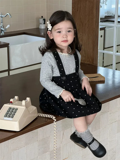 長袖セットアップ キッズトップス/スカート レース縁取り長袖カットソーTシャツ/サスペンダースカート【mh0007199】