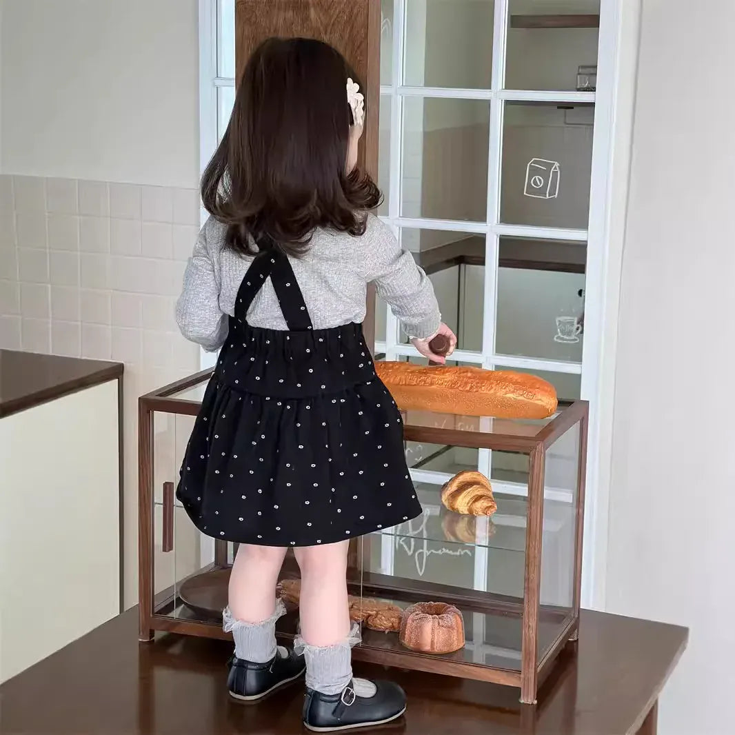 長袖セットアップ キッズトップス/スカート レース縁取り長袖カットソーTシャツ/サスペンダースカート【mh0007199】