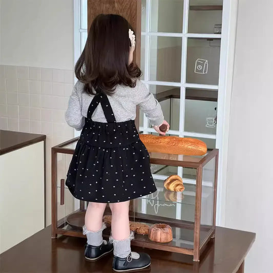 長袖セットアップ キッズトップス/スカート レース縁取り長袖カットソーTシャツ/サスペンダースカート【mh0007199】