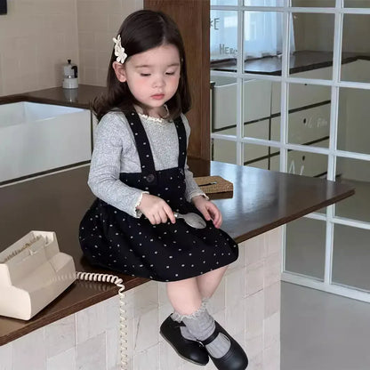 長袖セットアップ キッズトップス/スカート レース縁取り長袖カットソーTシャツ/サスペンダースカート【mh0007199】