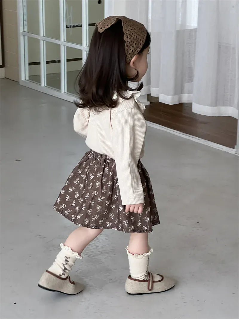 長袖セットアップ ベビートップス/スカート レースサークル襟長袖カットソーTシャツ/フラワープリントスカート【mh0007201】