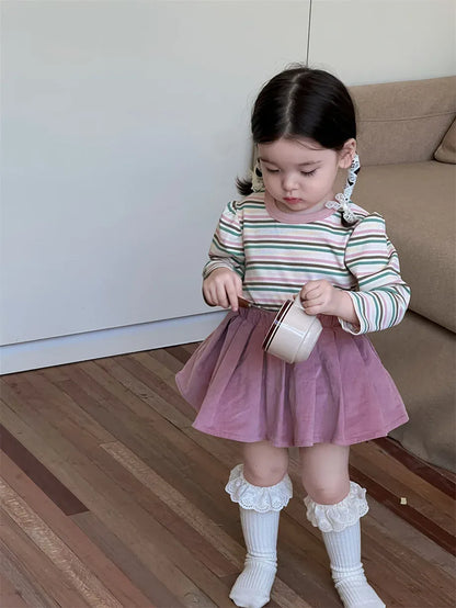 長袖セットアップ ベビートップス/スカート レトロボーダー長袖Tシャツ/フリルミニスカート【mh0007213】