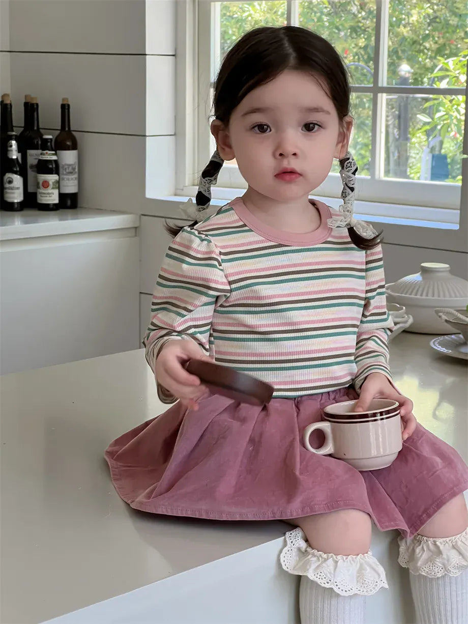 長袖セットアップ ベビートップス/スカート レトロボーダー長袖Tシャツ/フリルミニスカート【mh0007213】