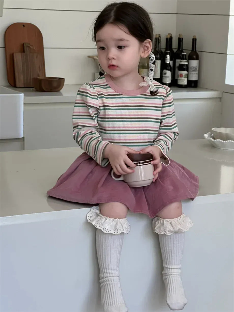 長袖セットアップ ベビートップス/スカート レトロボーダー長袖Tシャツ/フリルミニスカート【mh0007213】