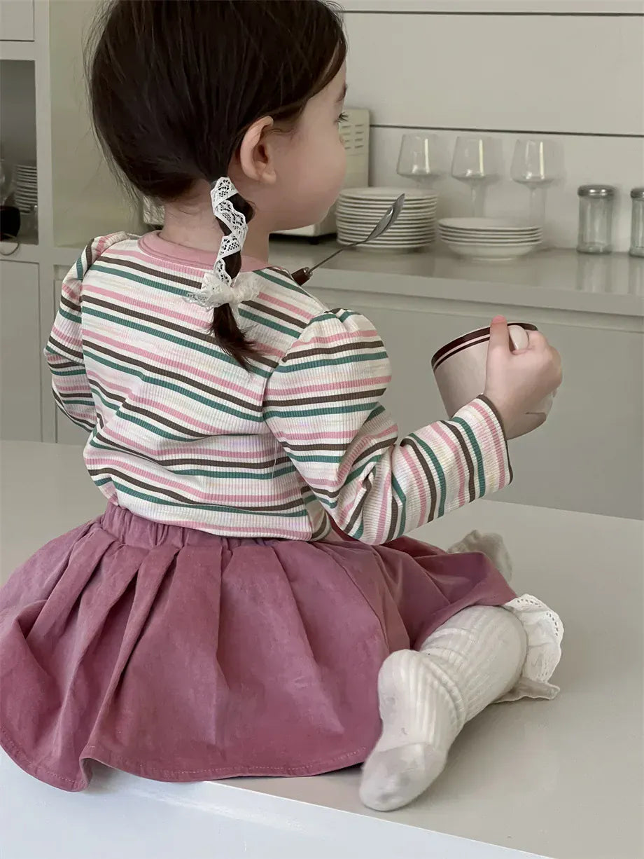 長袖セットアップ ベビートップス/スカート レトロボーダー長袖Tシャツ/フリルミニスカート【mh0007213】