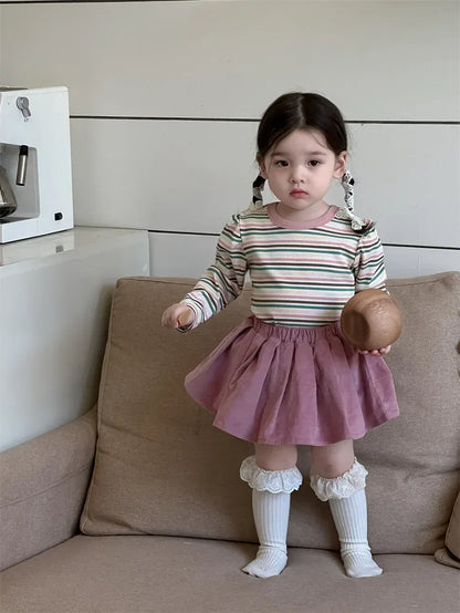 長袖セットアップ ベビートップス/スカート レトロボーダー長袖Tシャツ/フリルミニスカート【mh0007213】