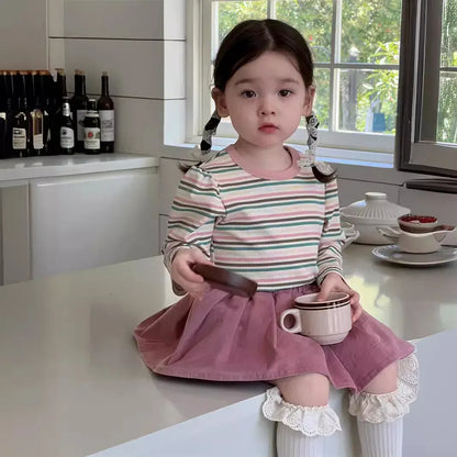 長袖セットアップ ベビートップス/スカート レトロボーダー長袖Tシャツ/フリルミニスカート【mh0007213】