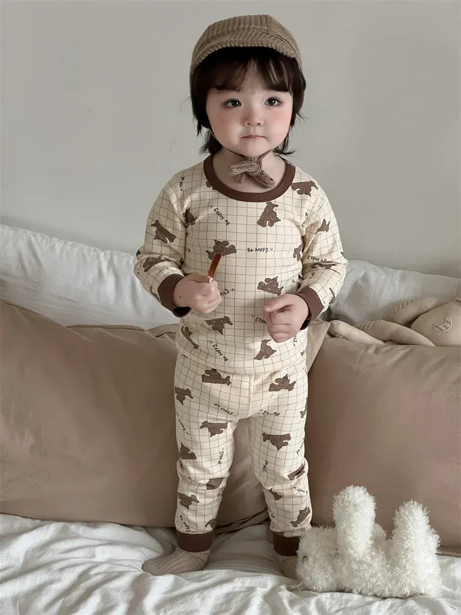 長袖パジャマ ベビーキッズパジャマセット アニマルプリント長袖Tシャツ+ロングパンツ【mh0007978】