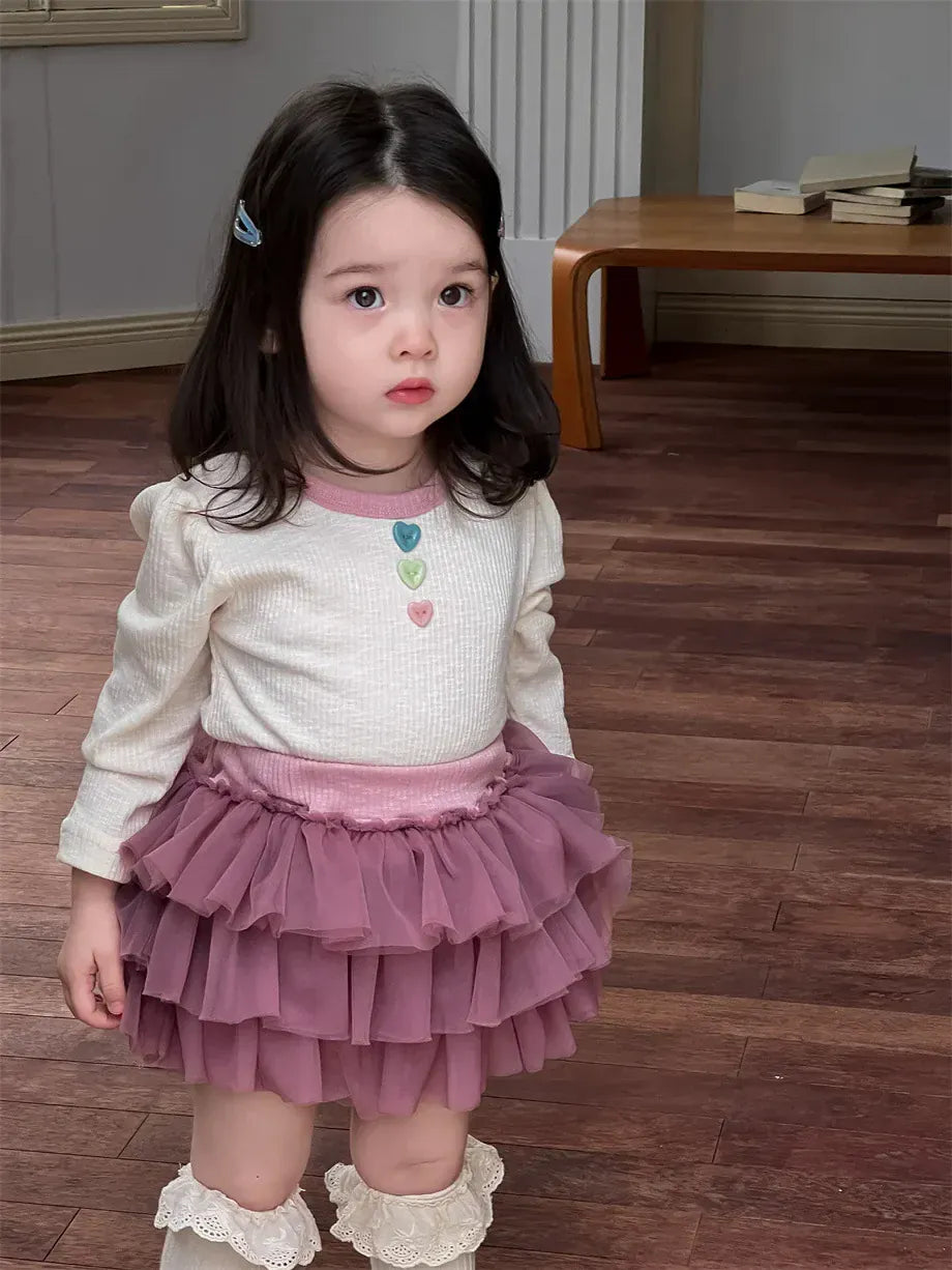 長袖セットアップ ベビートップス/ブルマ カラフルボタン長袖Tシャツ/チュチュフリルドッキングブルマパンツ【mh0008110】