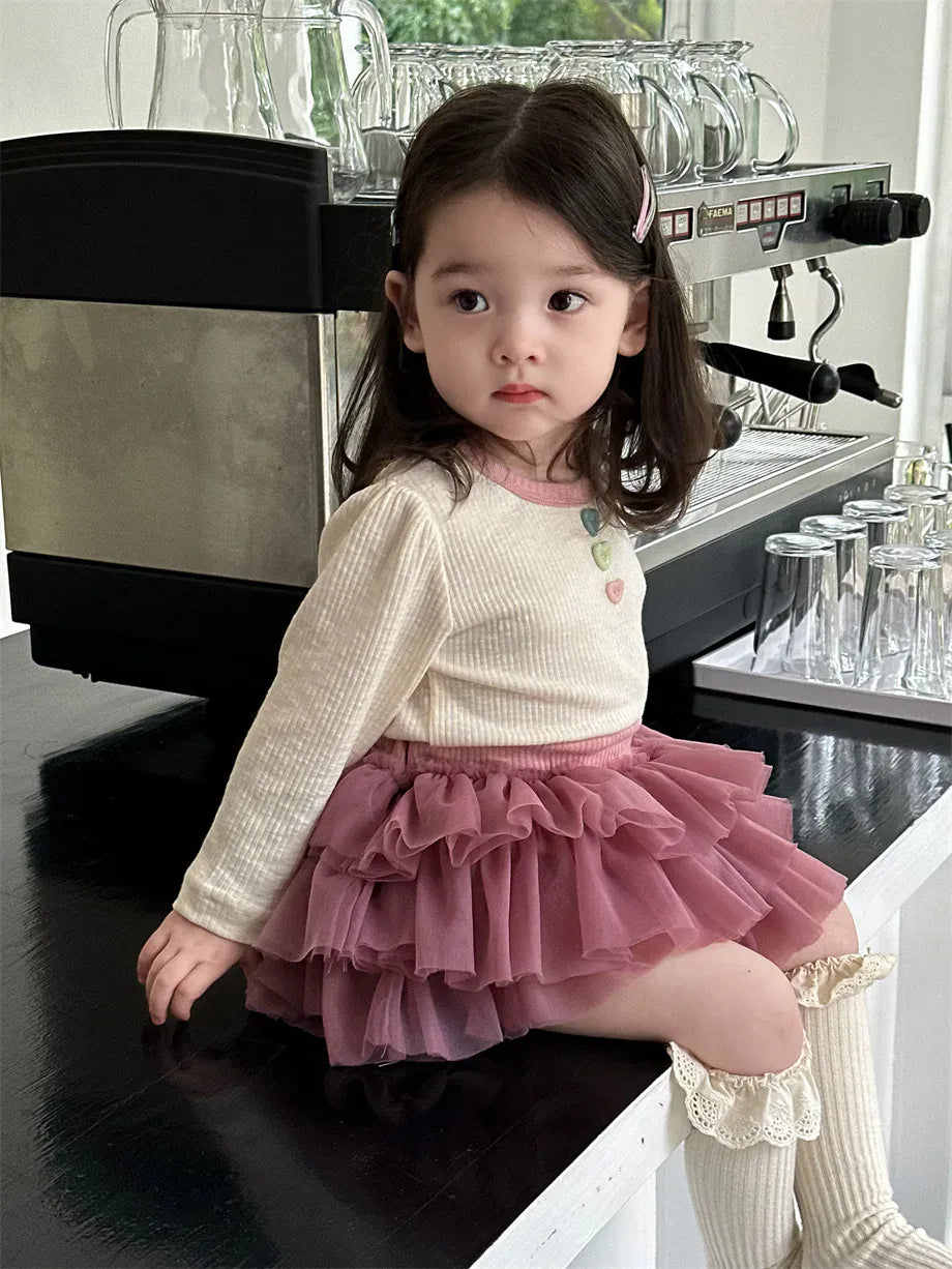 長袖セットアップ ベビートップス/ブルマ カラフルボタン長袖Tシャツ/チュチュフリルドッキングブルマパンツ【mh0008110】