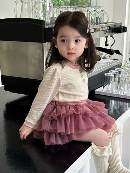 長袖セットアップ ベビートップス/ブルマ カラフルボタン長袖Tシャツ/チュチュフリルドッキングブルマパンツ【mh0008110】