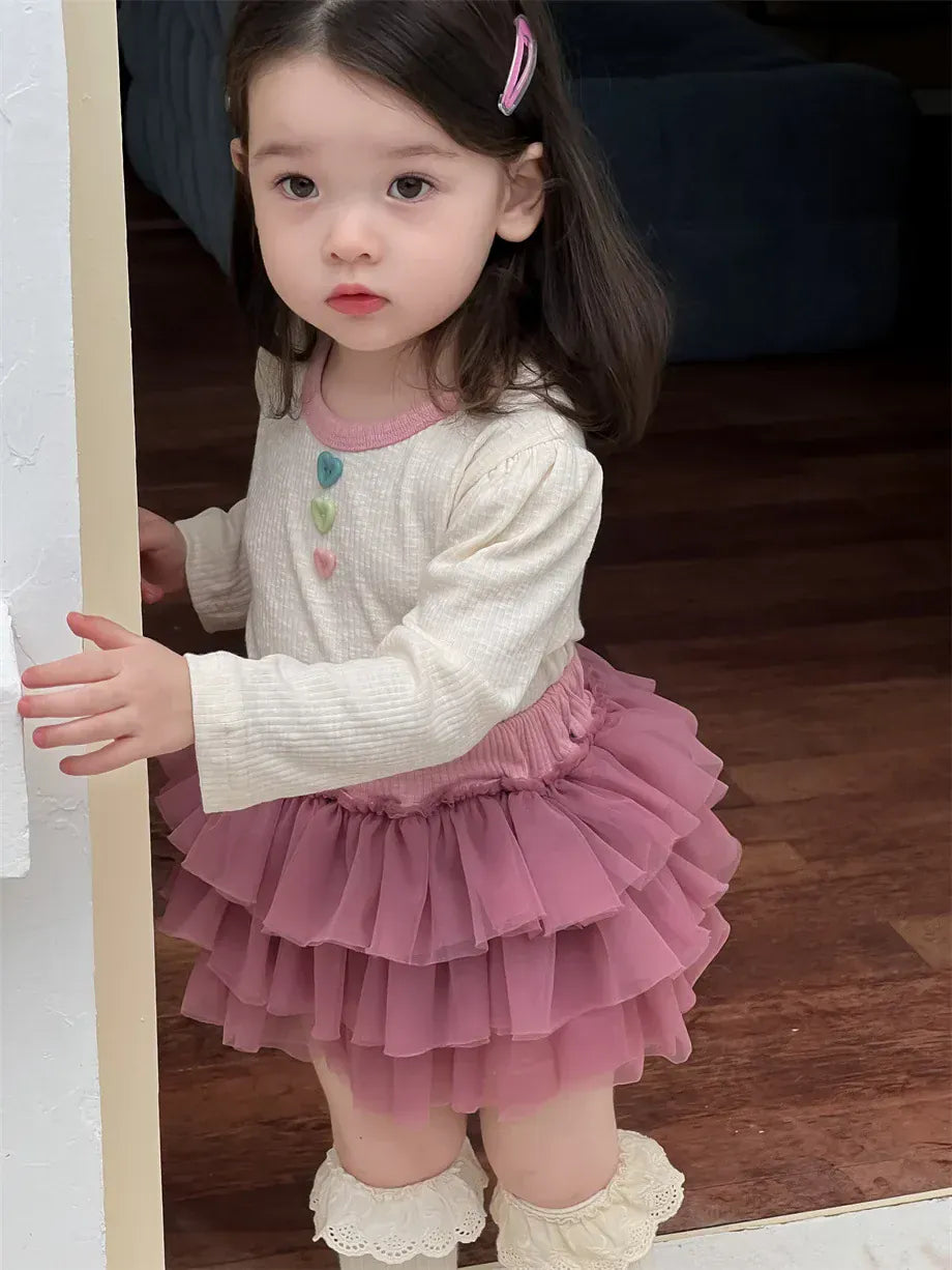 長袖セットアップ ベビートップス/ブルマ カラフルボタン長袖Tシャツ/チュチュフリルドッキングブルマパンツ【mh0008110】