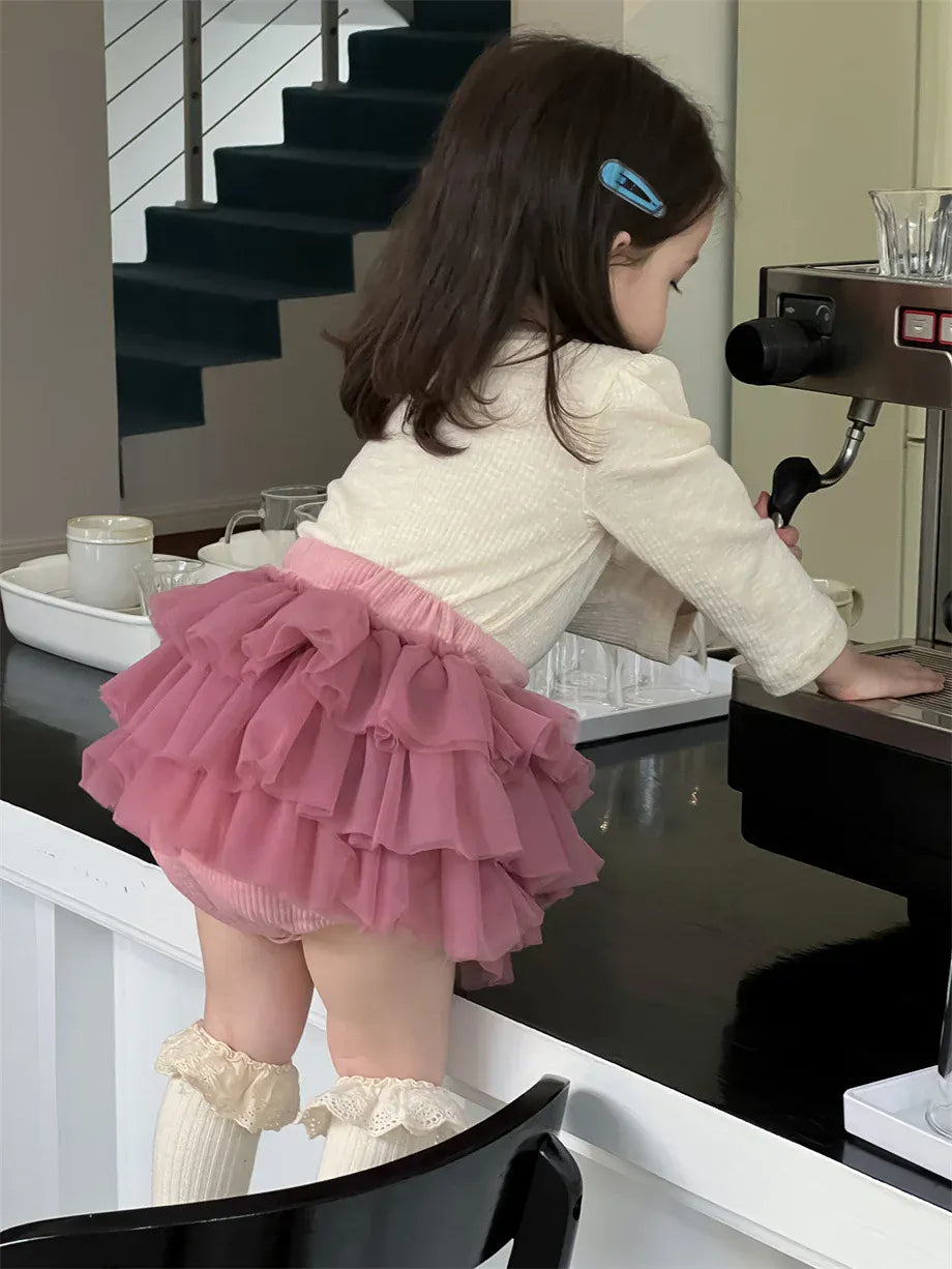 長袖セットアップ ベビートップス/ブルマ カラフルボタン長袖Tシャツ/チュチュフリルドッキングブルマパンツ【mh0008110】