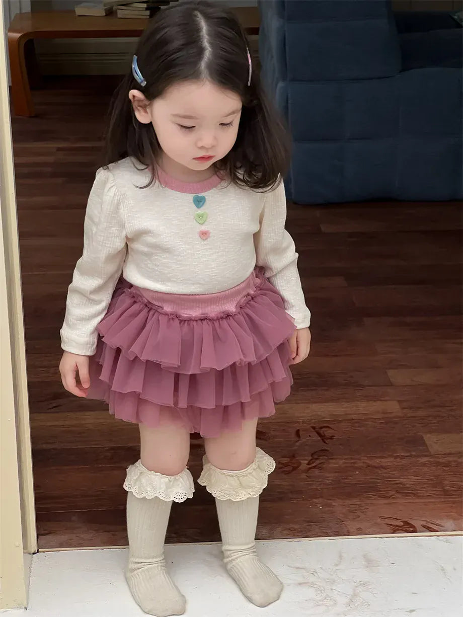 長袖セットアップ ベビートップス/ブルマ カラフルボタン長袖Tシャツ/チュチュフリルドッキングブルマパンツ【mh0008110】