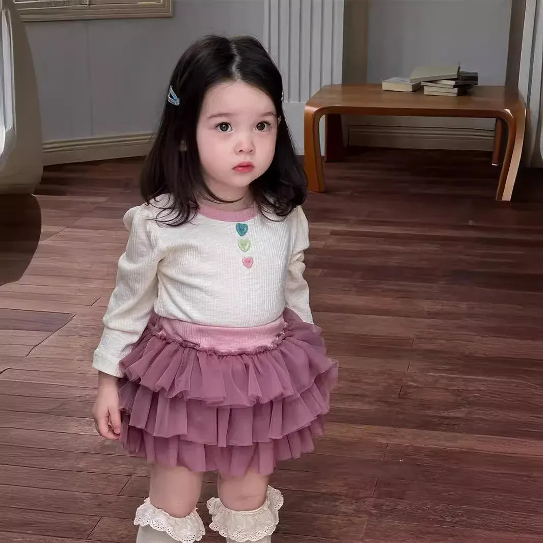 長袖セットアップ ベビートップス/ブルマ カラフルボタン長袖Tシャツ/チュチュフリルドッキングブルマパンツ【mh0008110】