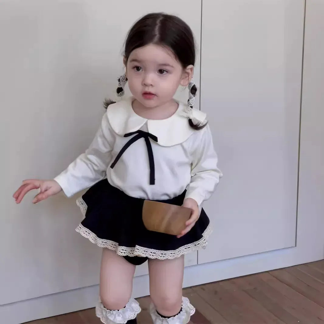 長袖セットアップ ベビートップス/ブルマ 丸襟リボンTシャツブラウス/フリルスカートドッキングブルマパンツ【mh0008112】