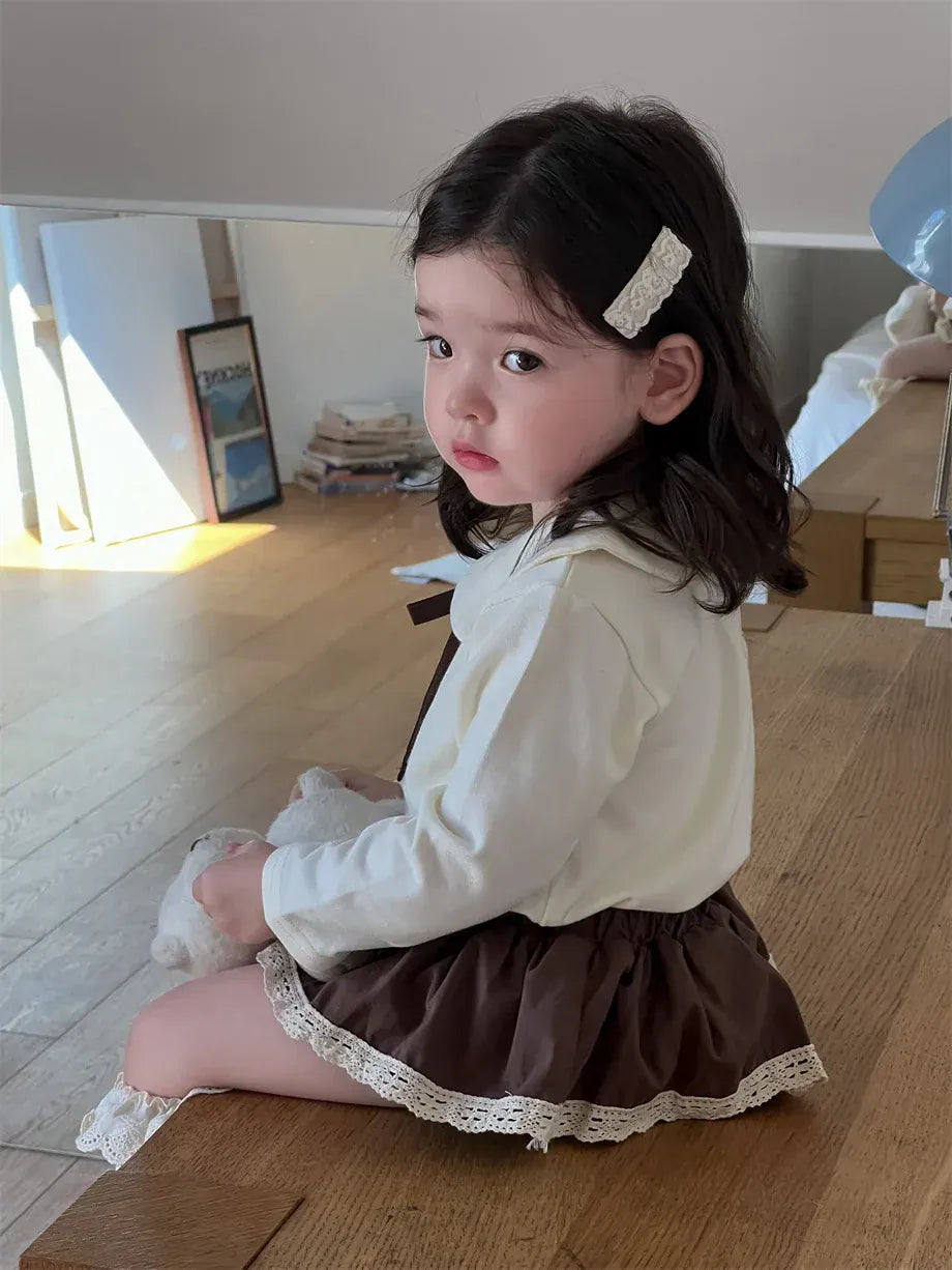 長袖セットアップ ベビートップス/ブルマ 丸襟リボンTシャツブラウス/フリルスカートドッキングブルマパンツ【mh0008112】