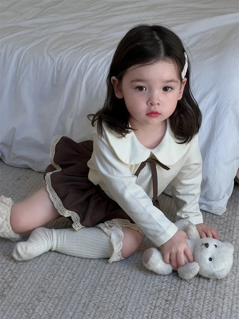 長袖セットアップ ベビートップス/ブルマ 丸襟リボンTシャツブラウス/フリルスカートドッキングブルマパンツ【mh0008112】