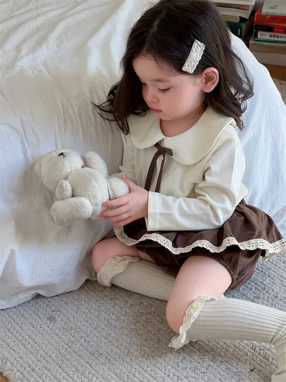 長袖セットアップ ベビートップス/ブルマ 丸襟リボンTシャツブラウス/フリルスカートドッキングブルマパンツ【mh0008112】