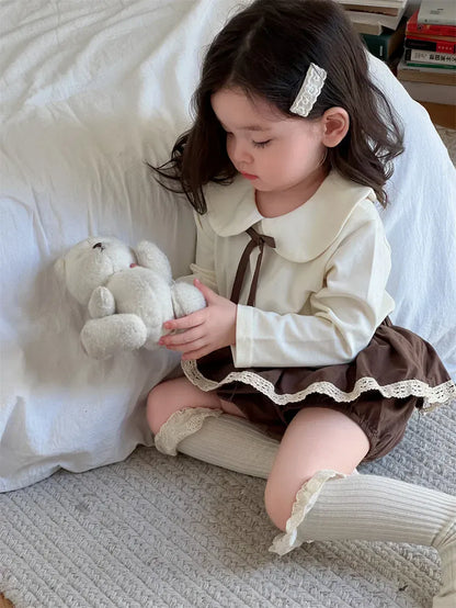 長袖セットアップ ベビートップス/ブルマ 丸襟リボンTシャツブラウス/フリルスカートドッキングブルマパンツ【mh0008112】