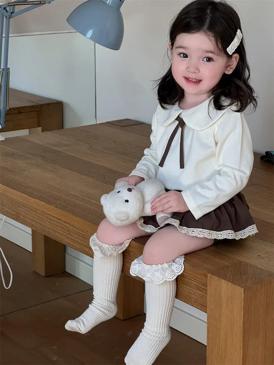 長袖セットアップ ベビートップス/ブルマ 丸襟リボンTシャツブラウス/フリルスカートドッキングブルマパンツ【mh0008112】