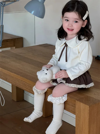 長袖セットアップ ベビートップス/ブルマ 丸襟リボンTシャツブラウス/フリルスカートドッキングブルマパンツ【mh0008112】