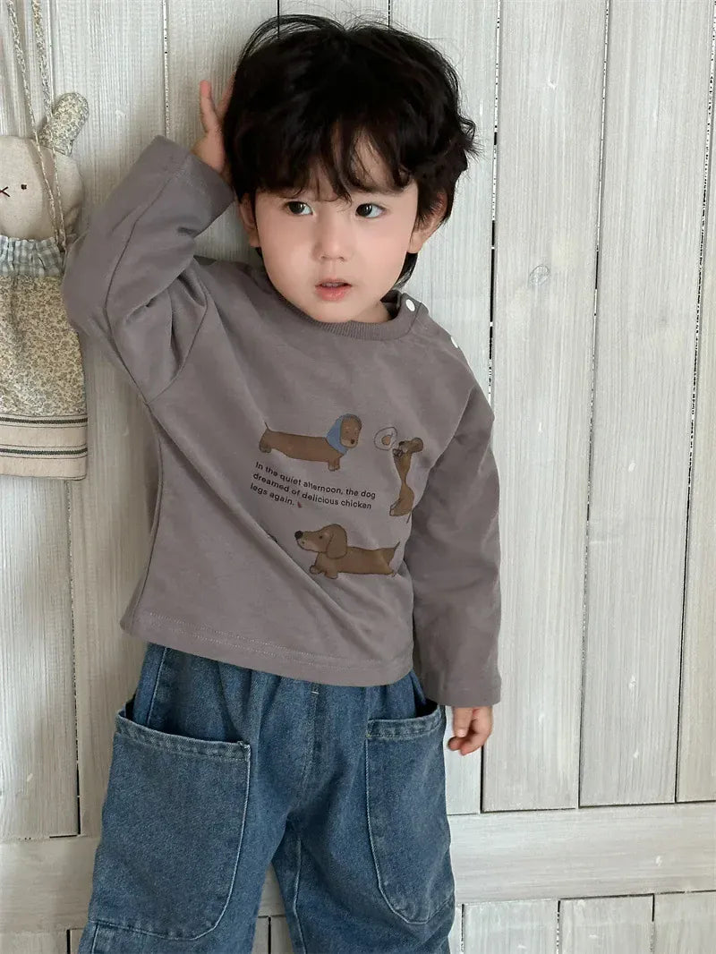 長袖セットアップ ベビートップス 犬ドッグプリント長袖Tシャツ/ルーズロングデニムパンツ【mh0008266】