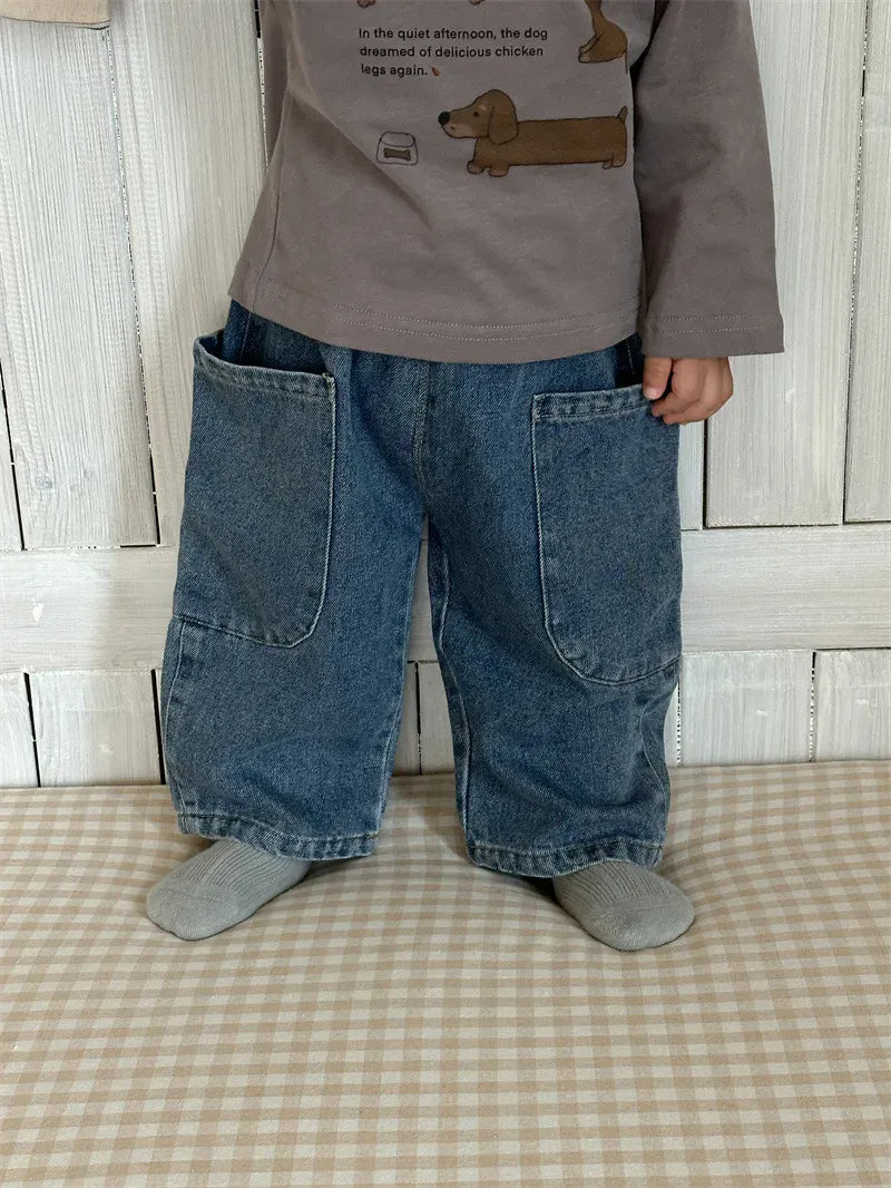 長袖セットアップ ベビートップス 犬ドッグプリント長袖Tシャツ/ルーズロングデニムパンツ【mh0008266】