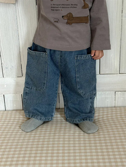 長袖セットアップ ベビートップス 犬ドッグプリント長袖Tシャツ/ルーズロングデニムパンツ【mh0008266】