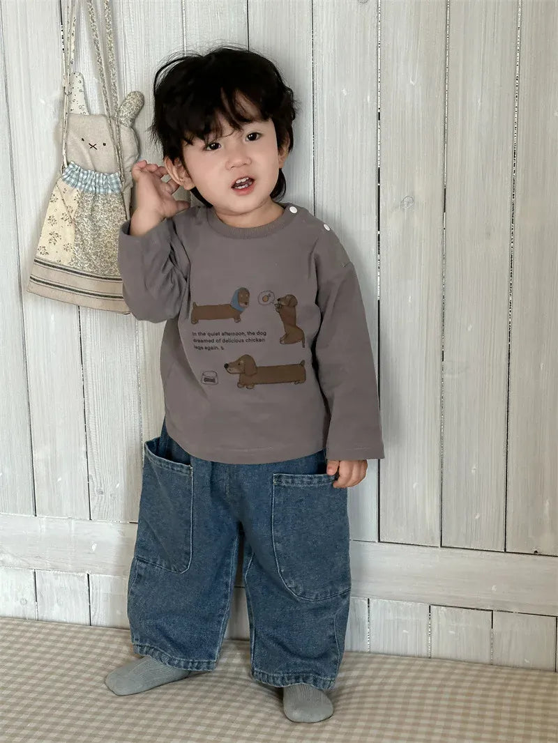 長袖セットアップ ベビートップス 犬ドッグプリント長袖Tシャツ/ルーズロングデニムパンツ【mh0008266】
