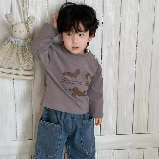 長袖セットアップ ベビートップス 犬ドッグプリント長袖Tシャツ/ルーズロングデニムパンツ【mh0008266】