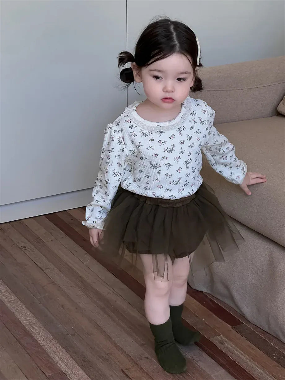 長袖セットアップ ベビートップス/パンツ  フラワー小花柄プリント長袖Tシャツ/チュチュチュールスカートドッキングショートパンツ【mh0008306】