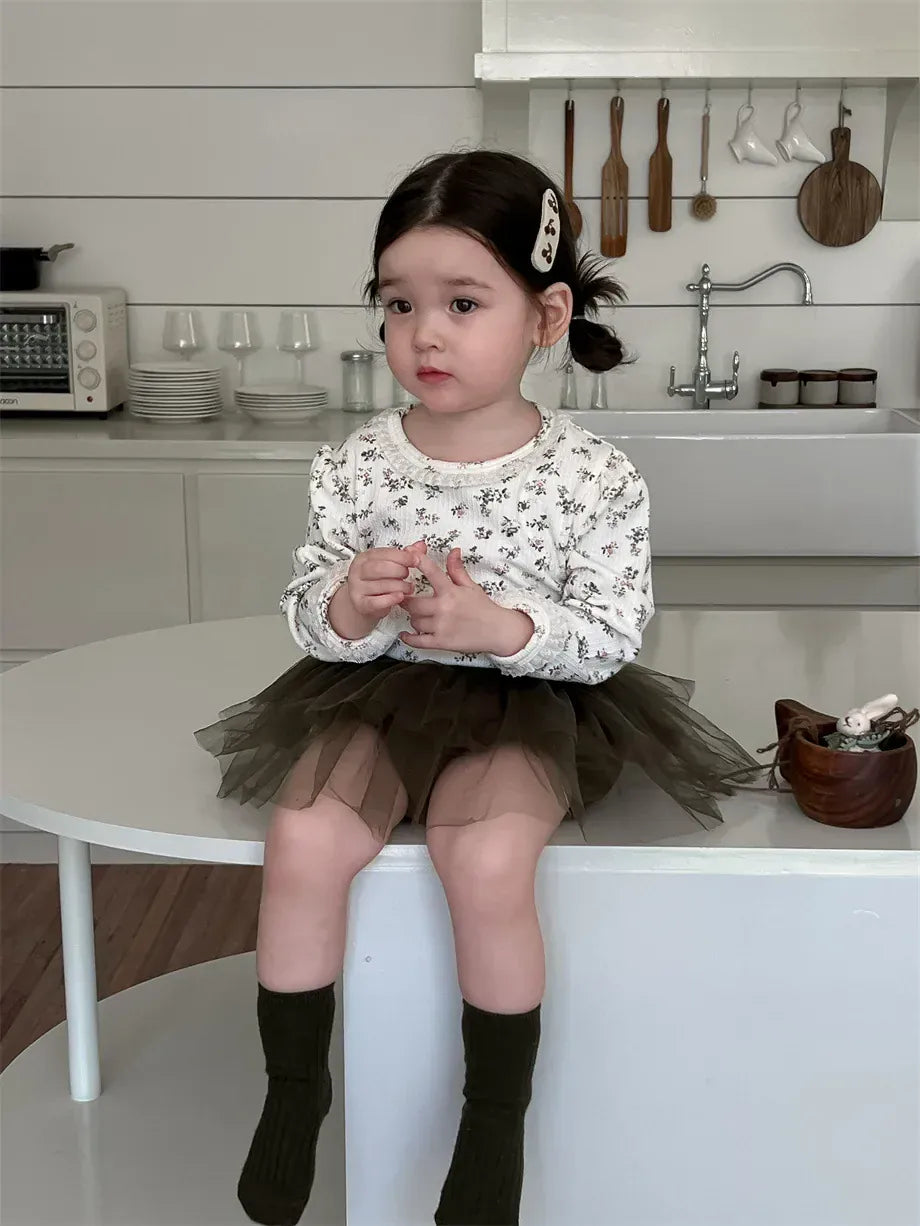 長袖セットアップ ベビートップス/パンツ  フラワー小花柄プリント長袖Tシャツ/チュチュチュールスカートドッキングショートパンツ【mh0008306】