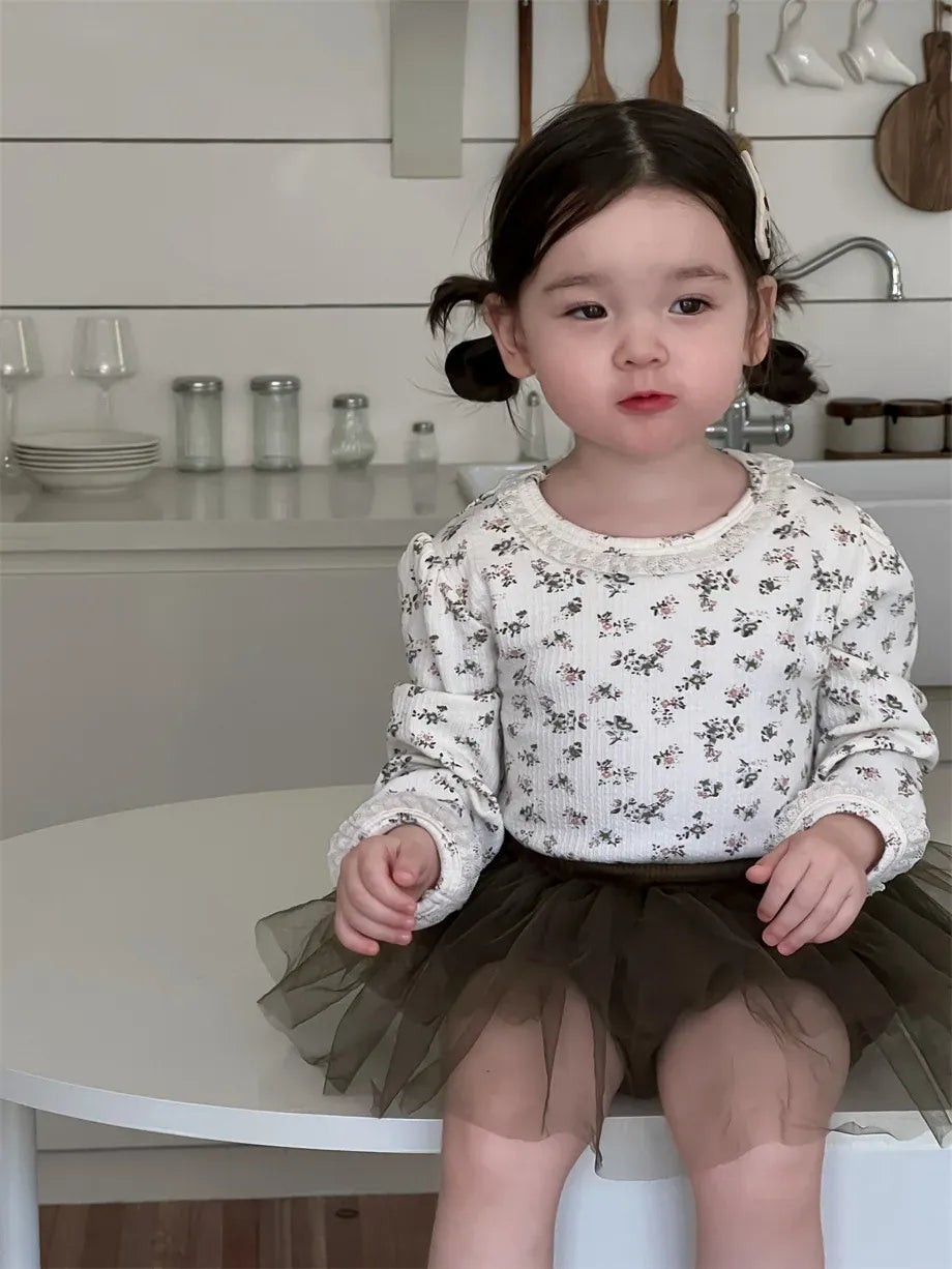 長袖セットアップ ベビートップス/パンツ  フラワー小花柄プリント長袖Tシャツ/チュチュチュールスカートドッキングショートパンツ【mh0008306】