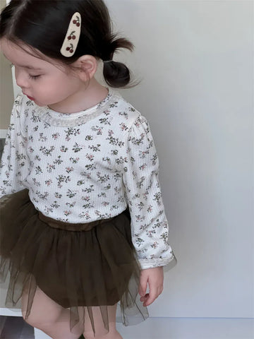 長袖セットアップ ベビートップス/パンツ  フラワー小花柄プリント長袖Tシャツ/チュチュチュールスカートドッキングショートパンツ【mh0008306】