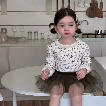 長袖セットアップ ベビートップス/パンツ  フラワー小花柄プリント長袖Tシャツ/チュチュチュールスカートドッキングショートパンツ【mh0008306】
