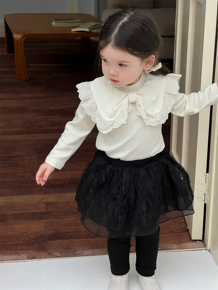 長袖セットアップ ベビートップス/レギンスパンツ ビッグリボン襟長袖Tシャツ/チュチュチュールスカートドッキングレギンスパンツ【mh0008332】