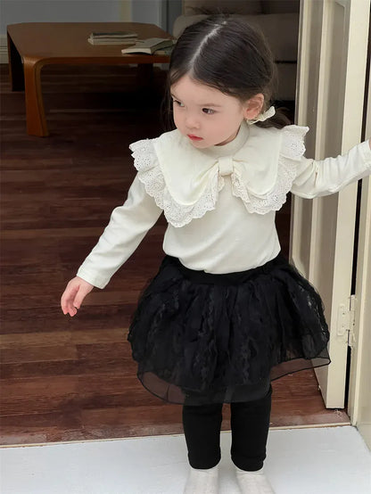 長袖セットアップ ベビートップス/レギンスパンツ ビッグリボン襟長袖Tシャツ/チュチュチュールスカートドッキングレギンスパンツ【mh0008332】