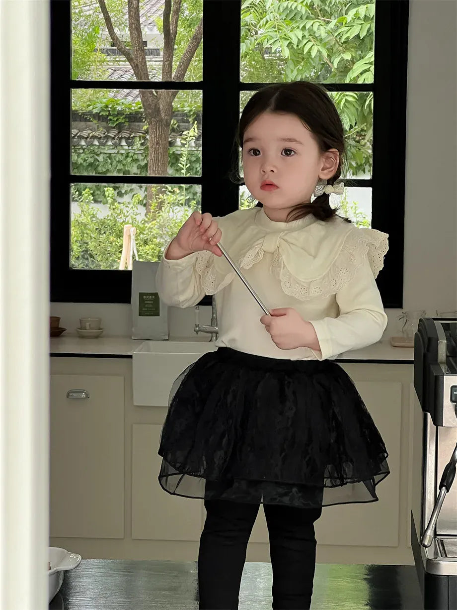 長袖セットアップ ベビートップス/レギンスパンツ ビッグリボン襟長袖Tシャツ/チュチュチュールスカートドッキングレギンスパンツ【mh0008332】