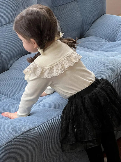 長袖セットアップ ベビートップス/レギンスパンツ ビッグリボン襟長袖Tシャツ/チュチュチュールスカートドッキングレギンスパンツ【mh0008332】