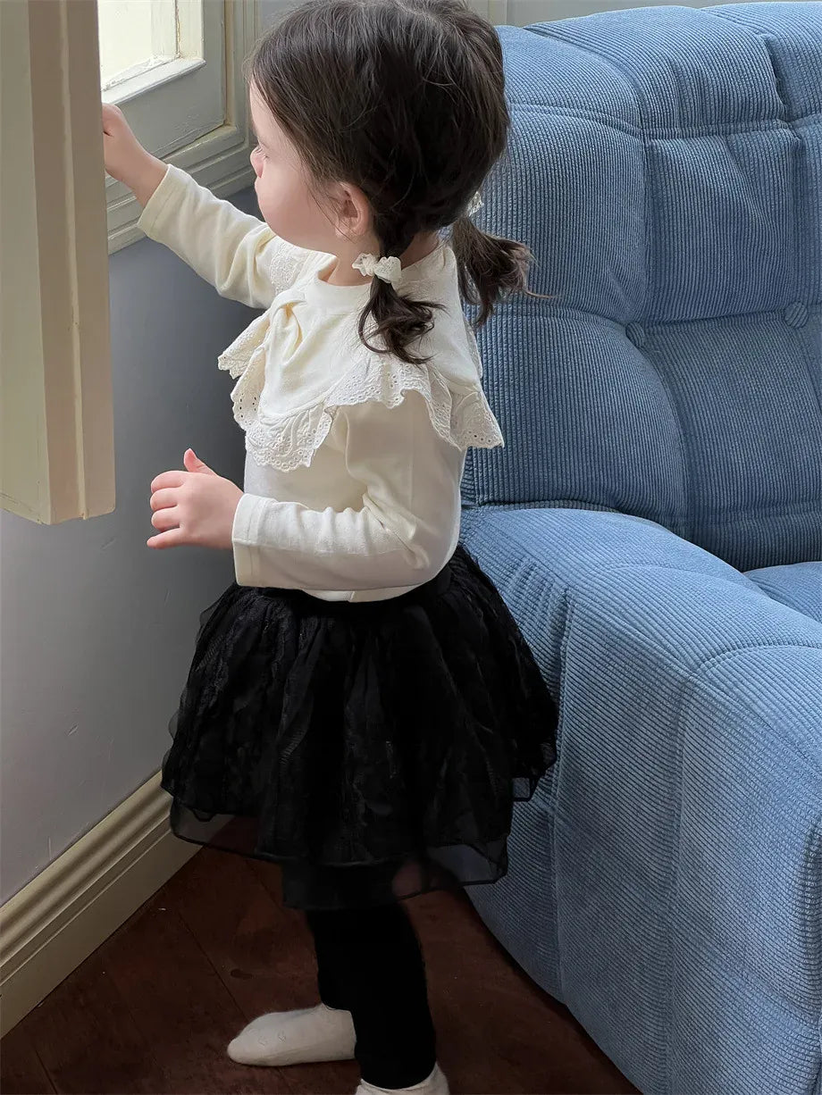 長袖セットアップ ベビートップス/レギンスパンツ ビッグリボン襟長袖Tシャツ/チュチュチュールスカートドッキングレギンスパンツ【mh0008332】