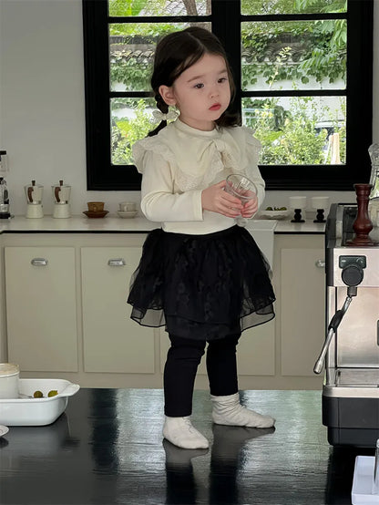 長袖セットアップ ベビートップス/レギンスパンツ ビッグリボン襟長袖Tシャツ/チュチュチュールスカートドッキングレギンスパンツ【mh0008332】