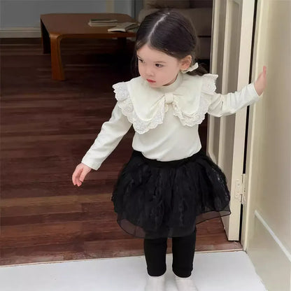 長袖セットアップ ベビートップス/レギンスパンツ ビッグリボン襟長袖Tシャツ/チュチュチュールスカートドッキングレギンスパンツ【mh0008332】