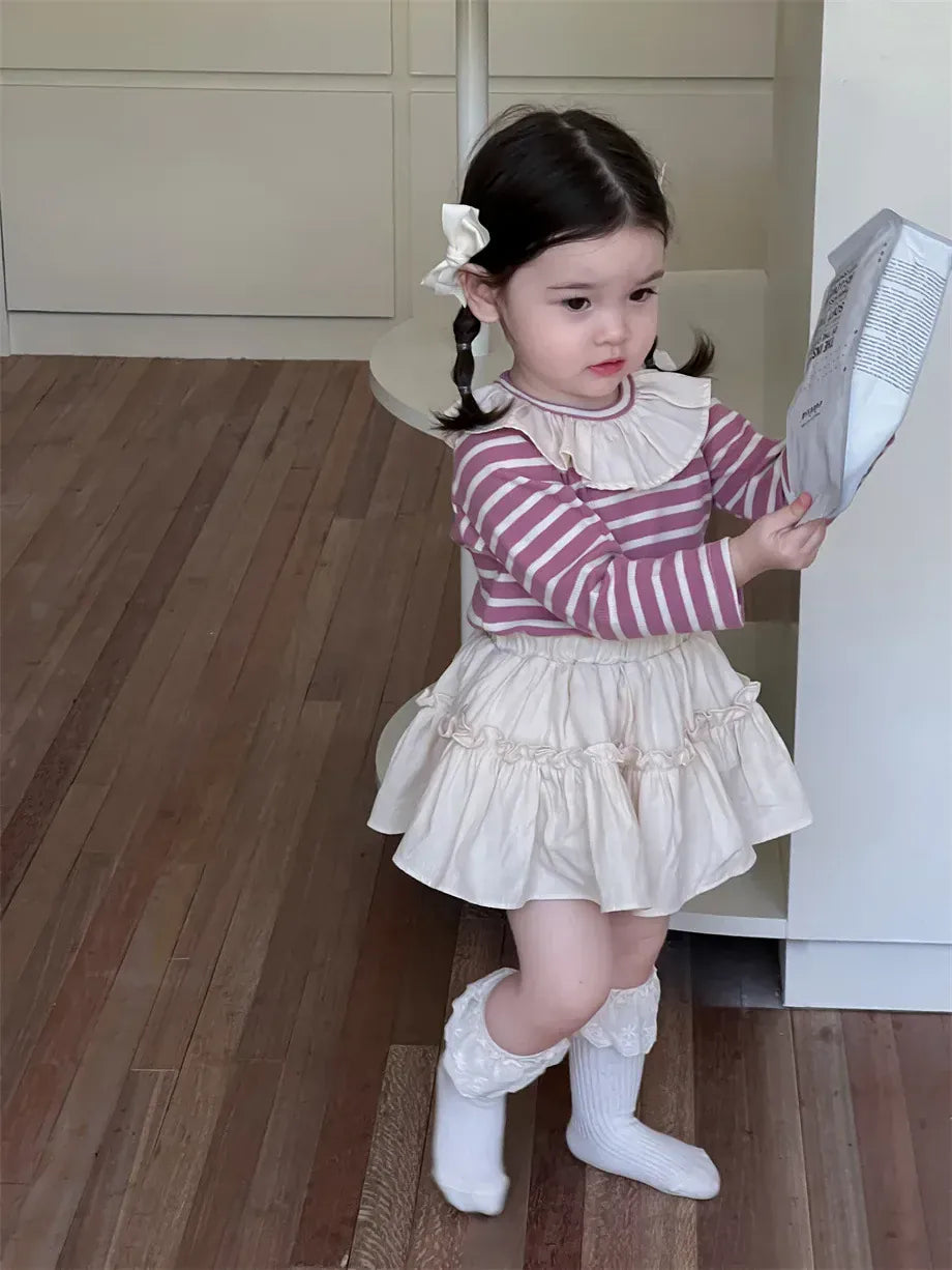 長袖セットアップ ベビートップス/スカート ラッフル襟ボーダー長袖Tシャツ/フリルミニケーキスカート【mh0008343】